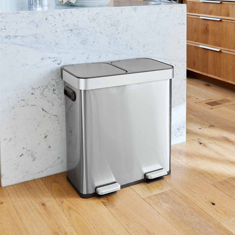 18G Dual Unit Rectangular Stainless Steel Trash Can – Large Capacity Double Compartment Step-On Garbage Bin for Kitchen, Bathroom, Home, Office, and Outdoor Use, Durable Touchless-Style Waste Bin for Household Organization and Recycling, Perfect for Fall
