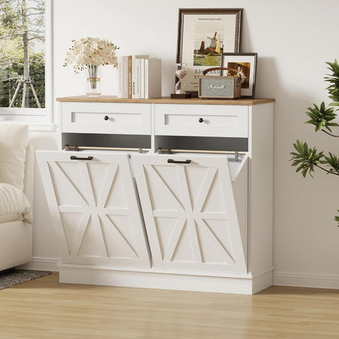 20 Gallon Heavy-Duty Trash Cabinet & Laundry Hamper - Farmhouse Cabinet with Tilt-Out Bin Doors, Space-Saving Storage for Kitchen, Bathroom, Laundry Room - Pet Proof Trash Can Organizer with Tabletop Drawer - Recycled Wood Construction, Kitchen Organizer,