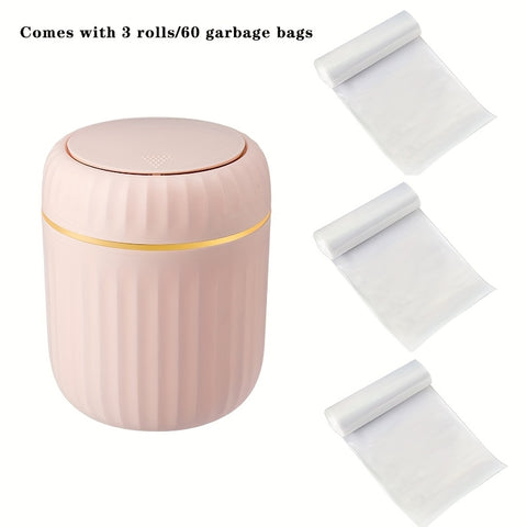 1-Pack PP Plastic Press-Top Desktop Trash Can with One-Touch Lid, Odor-Control Ribbed Design Compact Cylindrical Bin for Office Home Desk, Living Room, Study - White & Yellow Accents, Mini Trash Can for Desk, Desk Organizer, Waste Disposal, Modern Trashca