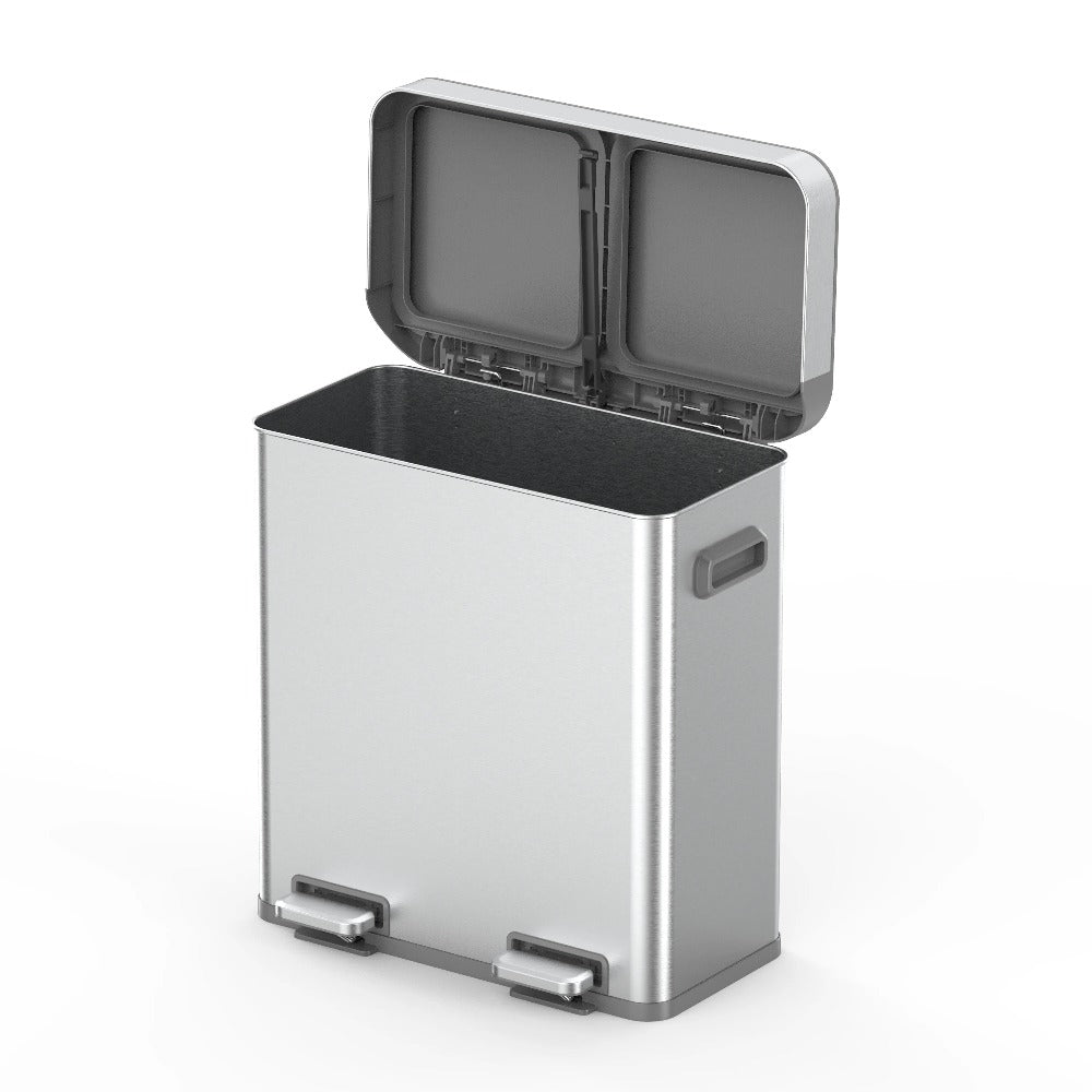 18G Dual Unit Rectangular Stainless Steel Trash Can – Large Capacity Double Compartment Step-On Garbage Bin for Kitchen, Bathroom, Home, Office, and Outdoor Use, Durable Touchless-Style Waste Bin for Household Organization and Recycling, Perfect for Fall