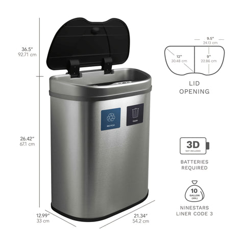 Ninestars DZT-70-R3 Motion Sensor Trash Can, Extra Large, Silver, Battery Powered, Non-rechargeable AAA Battery, Operating Voltage ≤36V, with Automatic Lid Closure for Home and Office Use