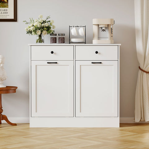 Wpond 20-Gallon Heavy-Duty Double Tilt-Out Trash Can Cabinet with Deodorizing System, Dog-Proof Locking Doors & Hidden Drawers - Freestanding Modern White & Black Garbage Bin, Heavy-Metal-Free \u002FPet- Design