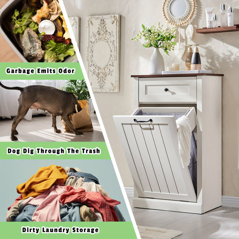 10 Gallon Recycled Wood Tilt-Out Trash Can Cabinet with Drawer - Quiet Close Hidden Laundry Hamper, Pull-Out Bin for Kitchen, Dining & Living Room Storage, Trash Can for Kitchen, Home Organization, Sleek Home Decor, Sturdy Build, Multifunctional Furniture