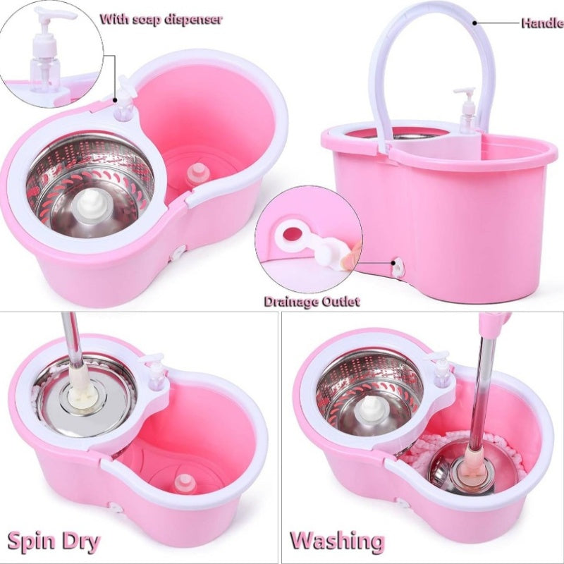 Pink Mop and Bucket Set with 360° Rotating Head & Spin Mopping System, Wet\u002FDry Use with Spray Nozzle, Ergonomic Handle & Collapsible Design - Heavy-Duty Acrylic Construction for Hardwood Tile Vinyl Floors, Space-Saving Storage, Ideal for Home & Comm