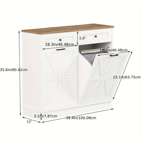 20 Gallon Double Tilt-Out Trash Cabinet & Laundry Hamper - Farmhouse Style Hidden Storage with Solid Wood Tabletop, Drawer & Pet-Proof Design - Freestanding Floor Cabinet for Kitchen, Bathroom, Laundry Room