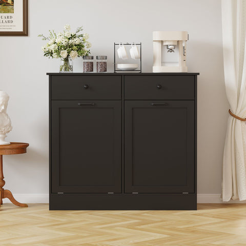 Wpond 20-Gallon Heavy-Duty Double Tilt Out Trash Can Cabinet with Deodorizer - Freestanding Dog-Proof Trash Can with Hidden Storage Drawers, Heavy-Duty Construction, Space-Saving Design, Easy Assembly for Kitchen, Living Room, Office - Modern Cabine