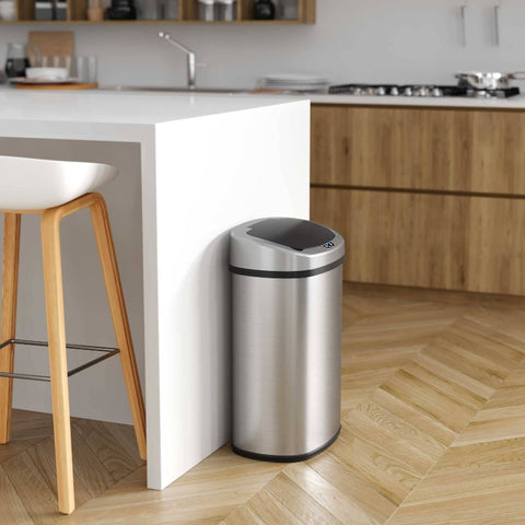 13 Gallon Stainless Steel Touchless Trash Can with Motion Sensor & Odor Control System - Automatic Hands-Free Operation, Battery-Powered (Batteries Not Included), Modern Oval Design, Hygienic Automatic Lid, Durable Aluminum Construction for Home