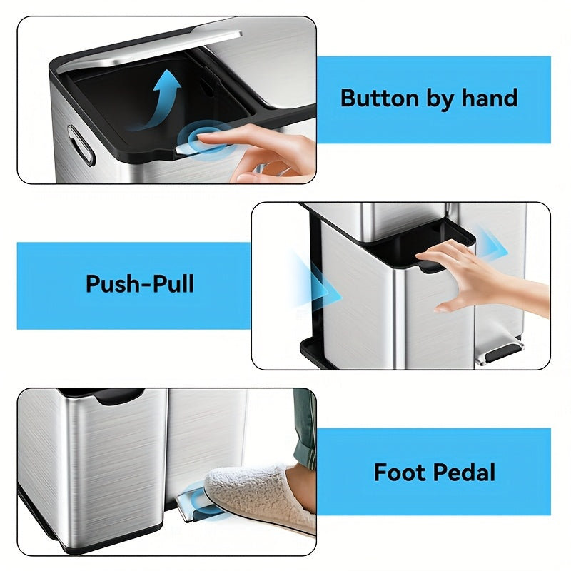 Mvm 9.5\u002F16 Gal 3 in 1 Kitchen Step Trash Can with Soft Close Lid, Duty Anti Fingerprint Brushed Recycling Bin for Office Home Markets, Stainless Garbage Bin, with 3 Removable Inner Barrels, Ideal for Wet Dry Waste Sorting