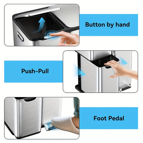 Mvm 9.5\u002F16 Gal 3 in 1 Kitchen Step Trash Can with Soft Close Lid, Duty Anti Fingerprint Brushed Recycling Bin for Office Home Markets, Stainless Garbage Bin, with 3 Removable Inner Barrels, Ideal for Wet Dry Waste Sorting