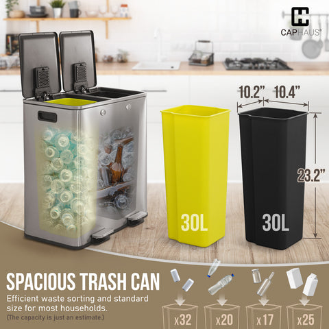 CAPHAUS Black Dual Trash Can w\u002F Double Lid, Trash & Recycle Bins Combo, Hands-free Stainless-Steel Garbage Can for Kitchen, with 2 Compartment, Hinged Lid, Odor Filters, Handles