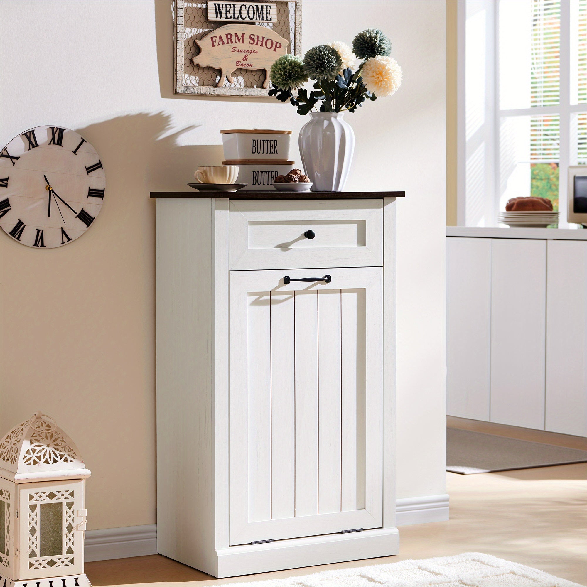 10 Gallon Recycled Wood Tilt-Out Trash Can Cabinet with Drawer - Quiet Close Hidden Laundry Hamper, Pull-Out Bin for Kitchen, Dining & Living Room Storage, Trash Can for Kitchen, Home Organization, Sleek Home Decor, Sturdy Build, Multifunctional Furniture