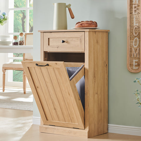 10 Gallon Recycled Wood Tilt-Out Trash Can Cabinet with Drawer - Quiet Close Hidden Laundry Hamper, Pull-Out Bin for Kitchen, Dining & Living Room Storage, Trash Can for Kitchen, Home Organization, Sleek Home Decor, Sturdy Build, Multifunctional Furniture