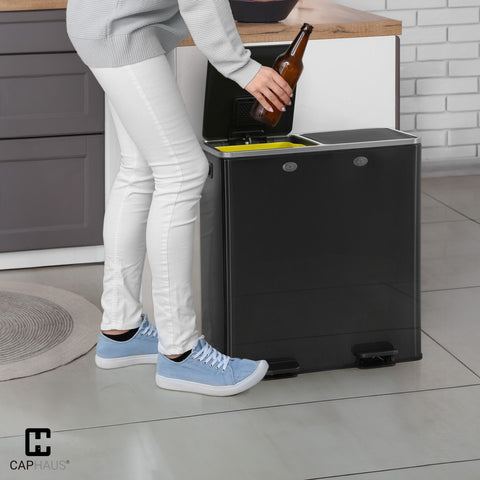 CAPHAUS Black Dual Trash Can w\u002F Double Lid, Trash & Recycle Bins Combo, Hands-free Stainless-Steel Garbage Can for Kitchen, with 2 Compartment, Hinged Lid, Odor Filters, Handles