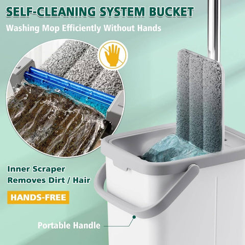 All-in-One Mop and Bucket with Wringer Set with 3 Washable Microfiber Pads - Wet\u002FDry Floor System, Hands Flat Mop for,, Vinyl Floors - Heavy-Duty Buckets & Wringer for Home, -like Surfaces (No Residue