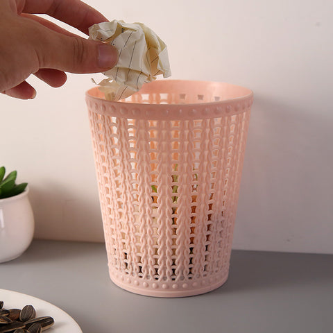 Modern Cylindrical Plastic Mini Trash Can with Hollow Vertical Ridges - Pastel Colors (, Pink, White, Mint Green) | Compact Space-Saving Desktop Waste Bin for, Office, Coffee Table, Bedside | Durable & Lightweight Discreet Bin