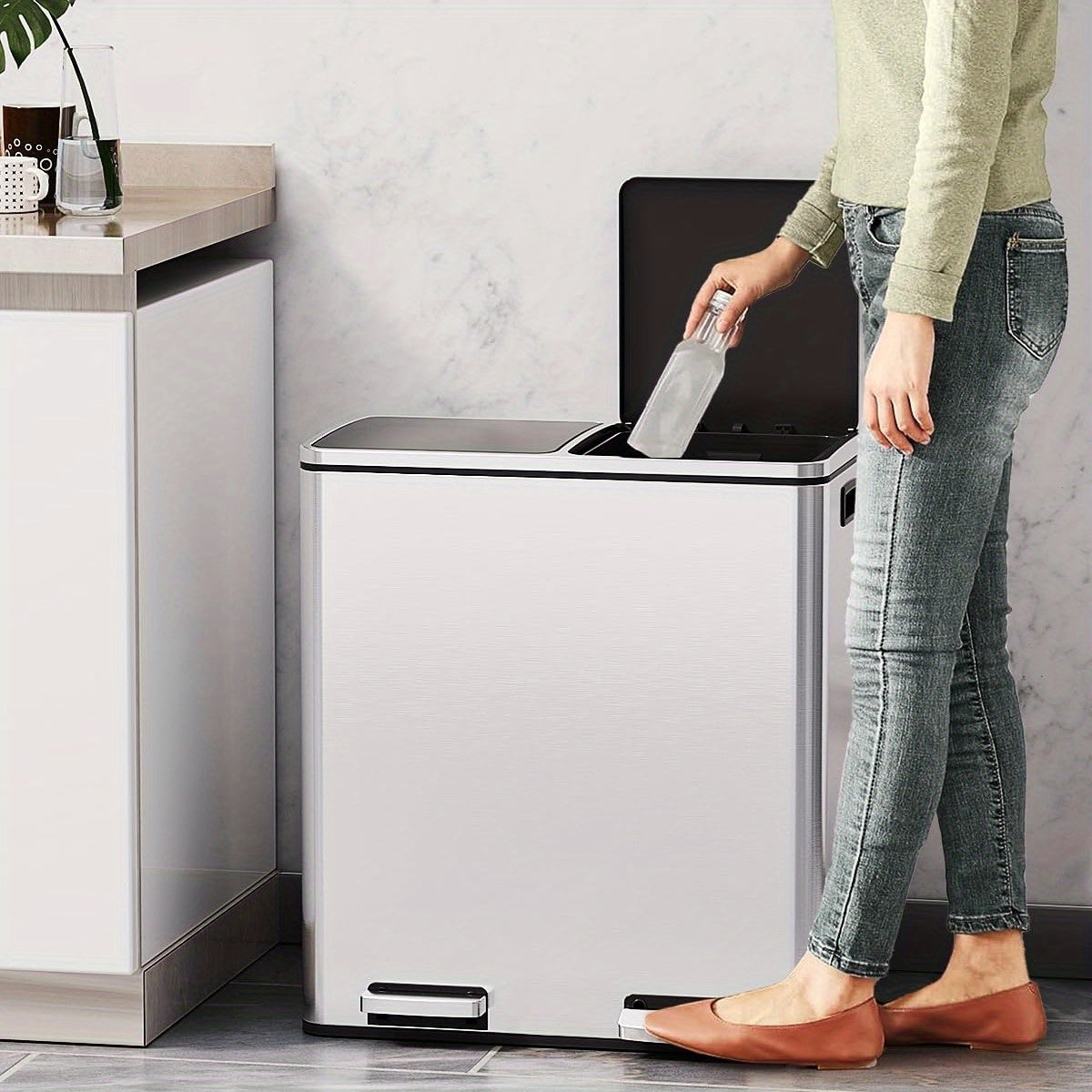 16 Gal Dual Kitchen Stainless Steel Trash Can W\u002F2 Built-in Box for Odor Control, Waste Dustbin, Sealing Base & Soft Close, for Home, Office