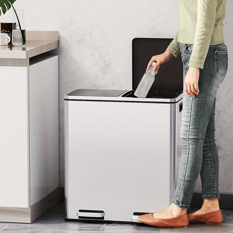 16 Gal Dual Kitchen Stainless Steel Trash Can W\u002F2 Built-in Box for Odor Control, Waste Dustbin, Sealing Base & Soft Close, for Home, Office