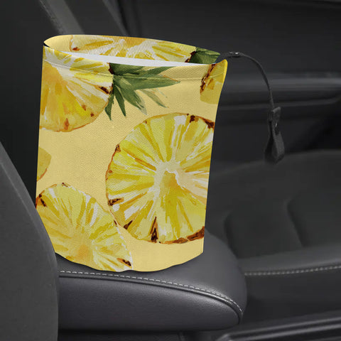 1pc Pineapple Print Car Trash Can - Durable Polyester Fiber, Portable & Stylish Interior Accessory for Cars, Camping, and Kitchens, Vibrant Yellow with Green Leaves, Compact Design for Easy Storage, Car Trash Can, Kitchen Waste Bin, Playful Design, Sturdy