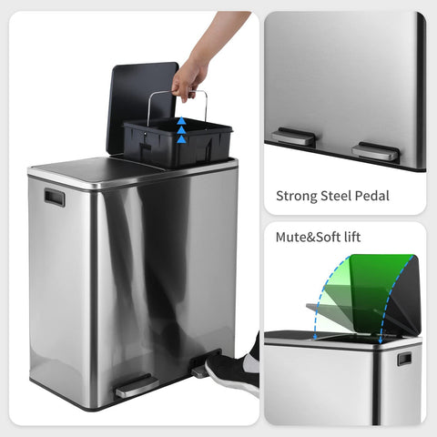 16 GallonStainless Steel Trash Can, 15.85gal Dual Compartment, Metal Kitchen Step Recycle Bin, Metal Double Dustbin, Bathroom Trash Can, Bedroom Trash Can With Lid, Stainless Steel Trash Can, Bathroom Trash Can, Silent Trash Can