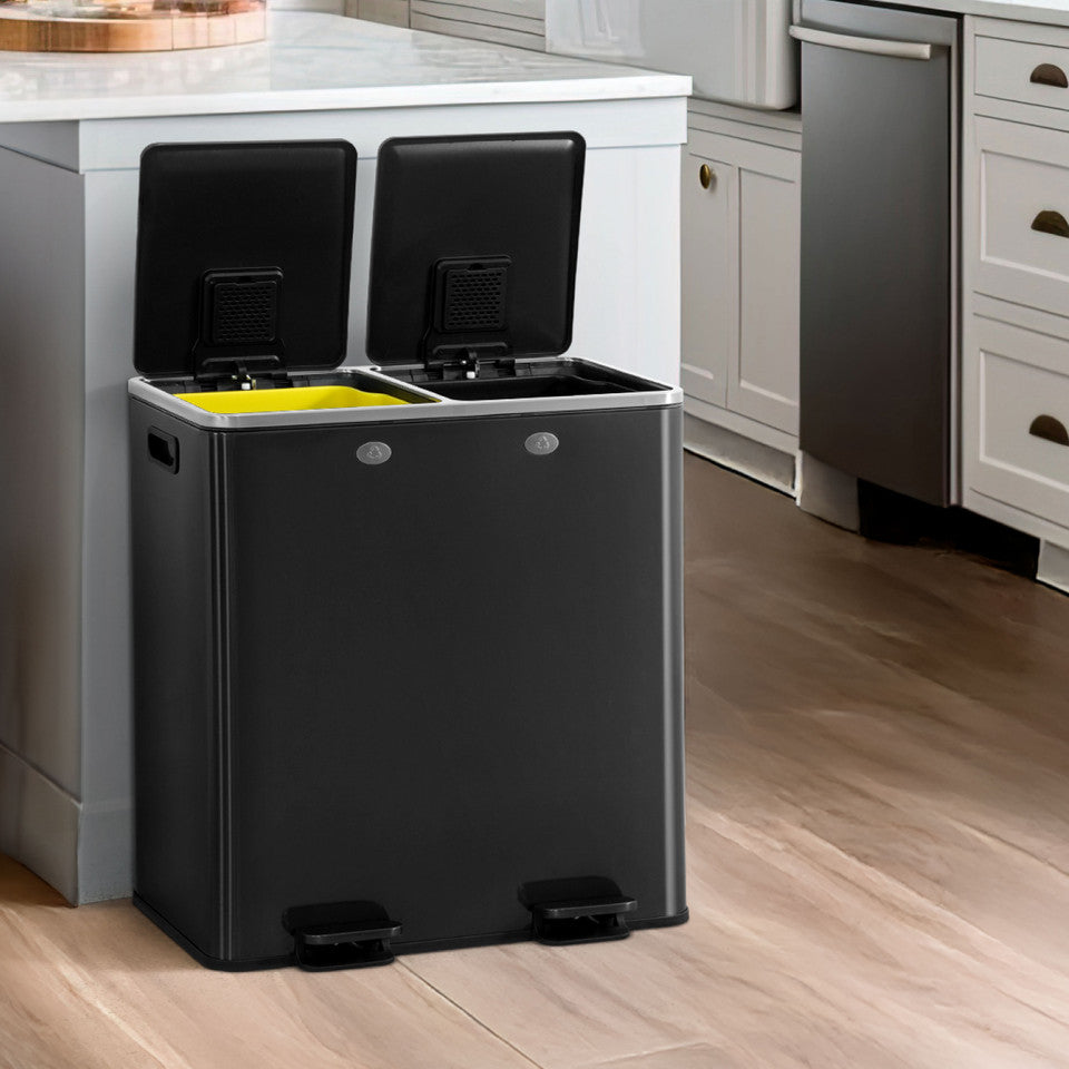 CAPHAUS Black Dual Trash Can w\u002F Double Lid, Trash & Recycle Bins Combo, Hands-free Stainless-Steel Garbage Can for Kitchen, with 2 Compartment, Hinged Lid, Odor Filters, Handles