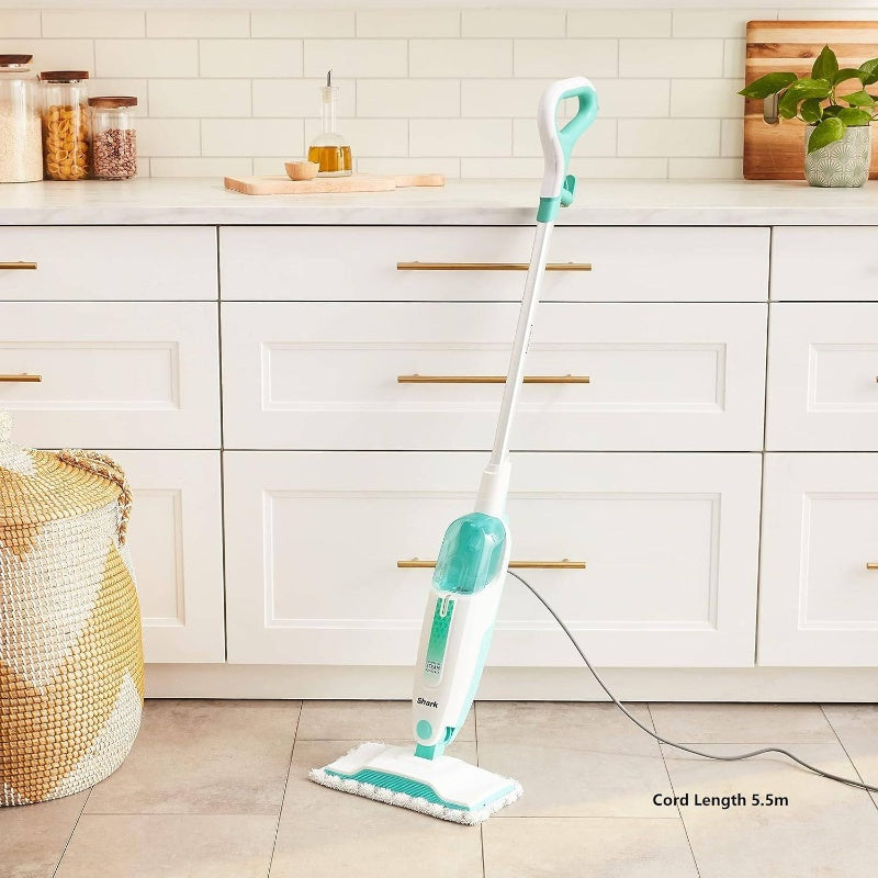 S1000 -Like Steam Mop with 2 Machine Washable Pads - Lightweight Steam Cleaner for Hardwood, Tile, Marble & Laminate Floors, Removable Washable Heads, White & Turquoise, Plug-In-Free Operation (No Required)