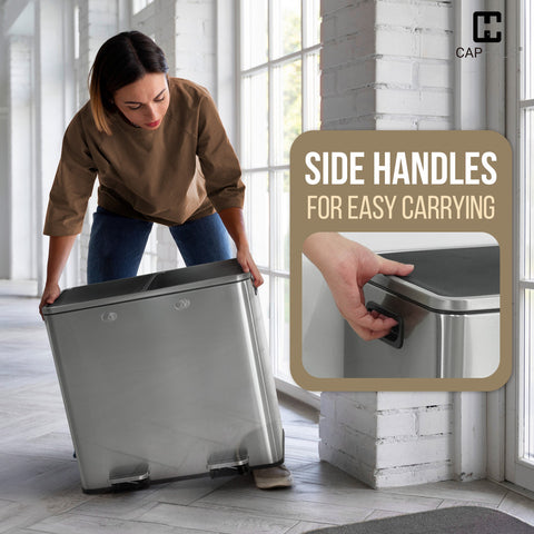 CAPHAUS Black Dual Trash Can w\u002F Double Lid, Trash & Recycle Bins Combo, Hands-free Stainless-Steel Garbage Can for Kitchen, with 2 Compartment, Hinged Lid, Odor Filters, Handles