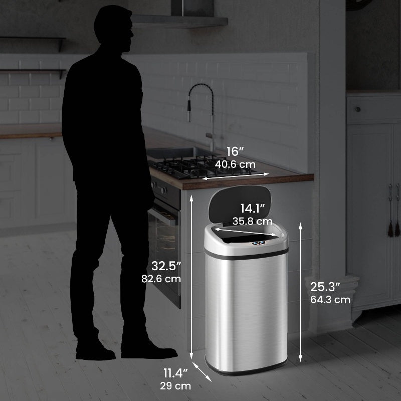 13 Gallon Stainless Steel Touchless Trash Can with Motion Sensor & Odor Control System - Automatic Hands-Free Operation, Battery-Powered (Batteries Not Included), Modern Oval Design, Hygienic Automatic Lid, Durable Aluminum Construction for Home