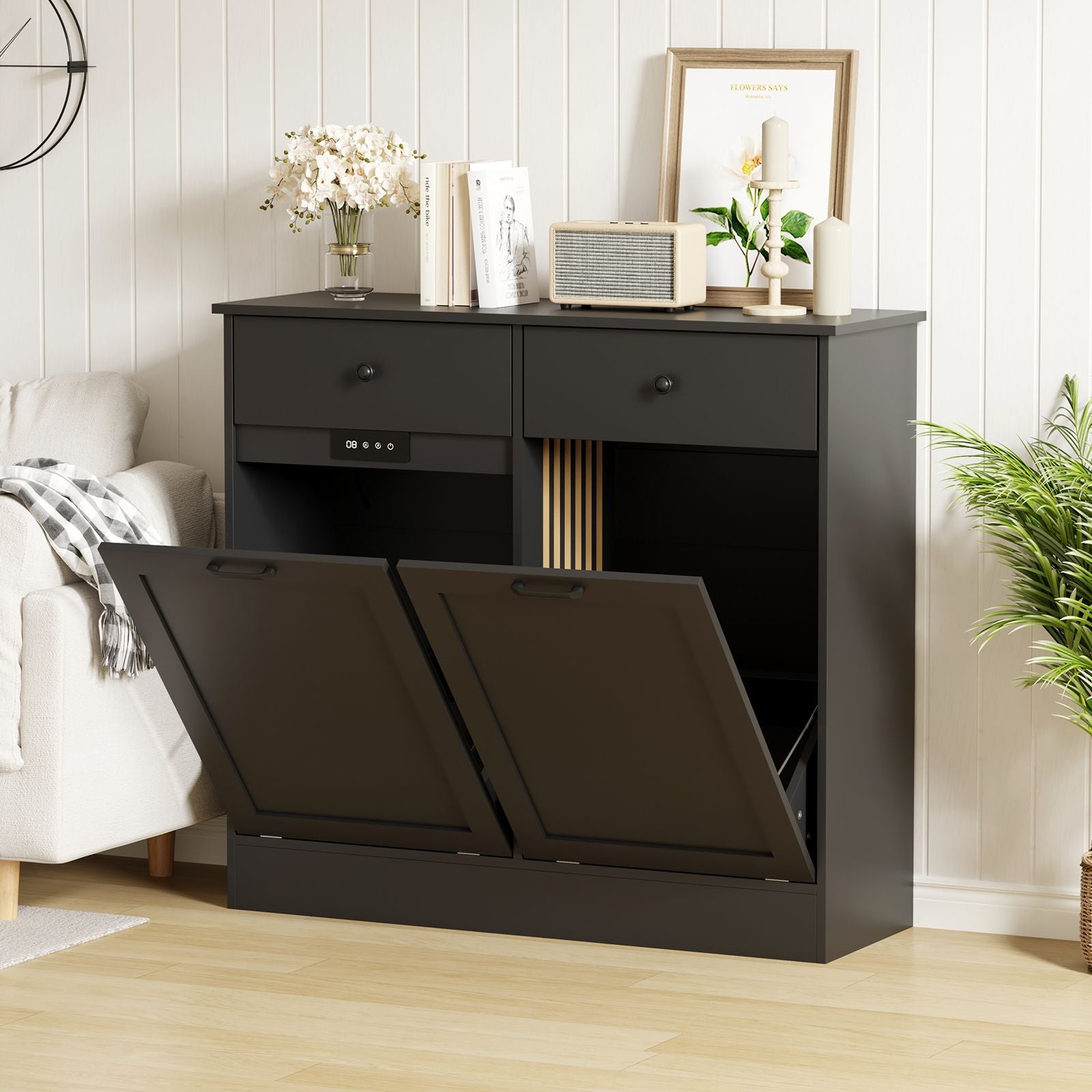 Wpond 20-Gallon Heavy-Duty Double Tilt Out Trash Can Cabinet with Deodorizer - Freestanding Dog-Proof Trash Can with Hidden Storage Drawers, Heavy-Duty Construction, Space-Saving Design, Easy Assembly for Kitchen, Living Room, Office - Modern Cabine