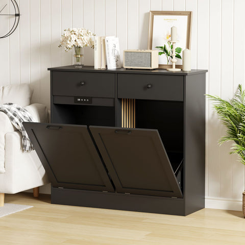 Wpond 20-Gallon Heavy-Duty Double Tilt Out Trash Can Cabinet with Deodorizer - Freestanding Dog-Proof Trash Can with Hidden Storage Drawers, Heavy-Duty Construction, Space-Saving Design, Easy Assembly for Kitchen, Living Room, Office - Modern Cabine