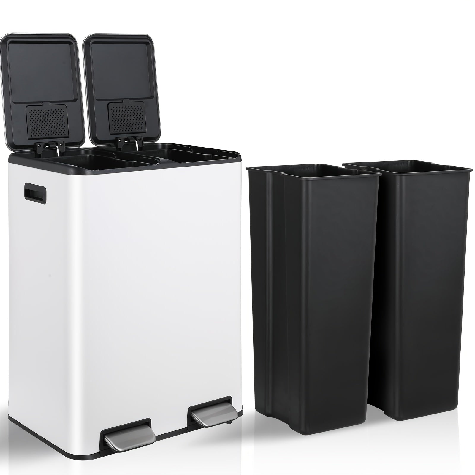 16 Gal Dual Kitchen Stainless Steel Trash Can W\u002F2 Built-in Box for Odor Control, Waste Dustbin, Sealing Base & Soft Close, for Home, Office