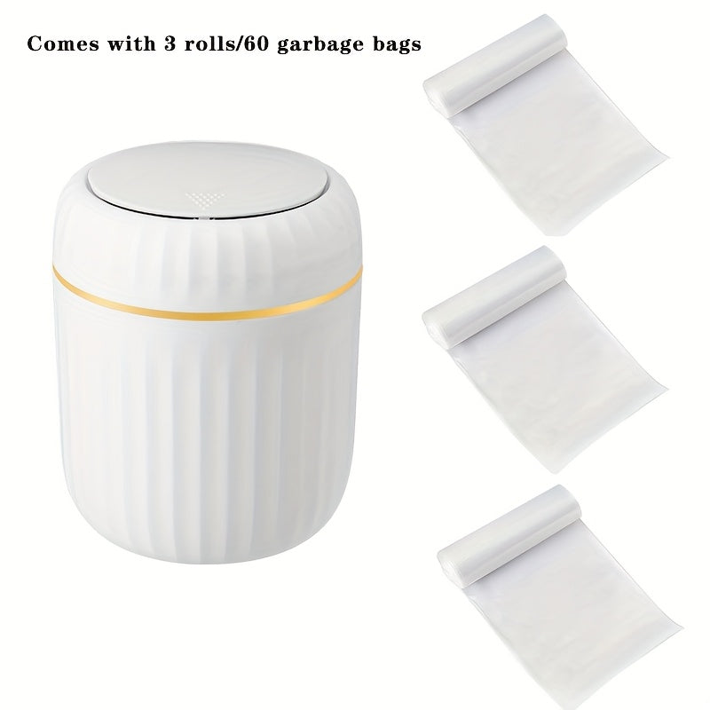 1-Pack PP Plastic Press-Top Desktop Trash Can with One-Touch Lid, Odor-Control Ribbed Design Compact Cylindrical Bin for Office Home Desk, Living Room, Study - White & Yellow Accents, Mini Trash Can for Desk, Desk Organizer, Waste Disposal, Modern Trashca
