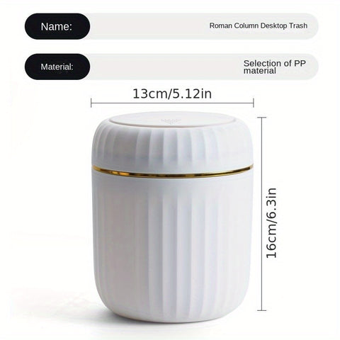 1-Pack PP Plastic Press-Top Desktop Trash Can with One-Touch Lid, Odor-Control Ribbed Design Compact Cylindrical Bin for Office Home Desk, Living Room, Study - White & Yellow Accents, Mini Trash Can for Desk, Desk Organizer, Waste Disposal, Modern Trashca