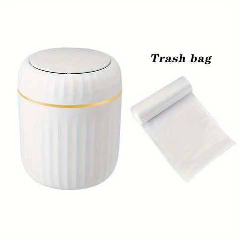 1-Pack PP Plastic Press-Top Desktop Trash Can with One-Touch Lid, Odor-Control Ribbed Design Compact Cylindrical Bin for Office Home Desk, Living Room, Study - White & Yellow Accents, Mini Trash Can for Desk, Desk Organizer, Waste Disposal, Modern Trashca