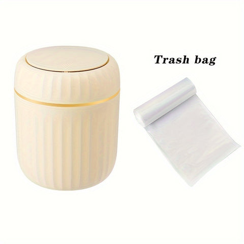 1-Pack PP Plastic Press-Top Desktop Trash Can with One-Touch Lid, Odor-Control Ribbed Design Compact Cylindrical Bin for Office Home Desk, Living Room, Study - White & Yellow Accents, Mini Trash Can for Desk, Desk Organizer, Waste Disposal, Modern Trashca