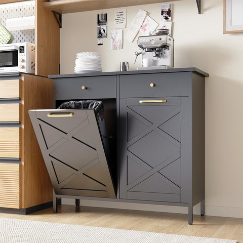 Double Tilt Out Trash Can Cabinet, Suitable For 20 Gallon Metal Dog Proof Trash, With 2 Drawers, Garbage Recycling Can Cabinet Laundry Sorter For Kitchen And Living Room