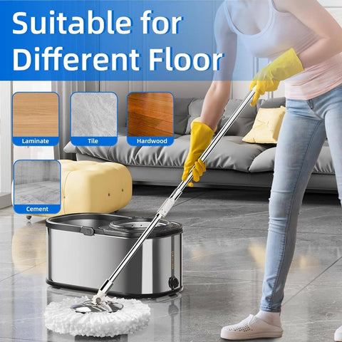 Spin Mop and Bucket with Wringer Set Home, 360 Mop and Bucket with Separate Clean and Dirty, Wet Dust Mop Floor Cleaning with Refills Silvery with 6 Pads