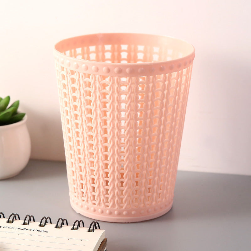 Modern Cylindrical Plastic Mini Trash Can with Hollow Vertical Ridges - Pastel Colors (, Pink, White, Mint Green) | Compact Space-Saving Desktop Waste Bin for, Office, Coffee Table, Bedside | Durable & Lightweight Discreet Bin