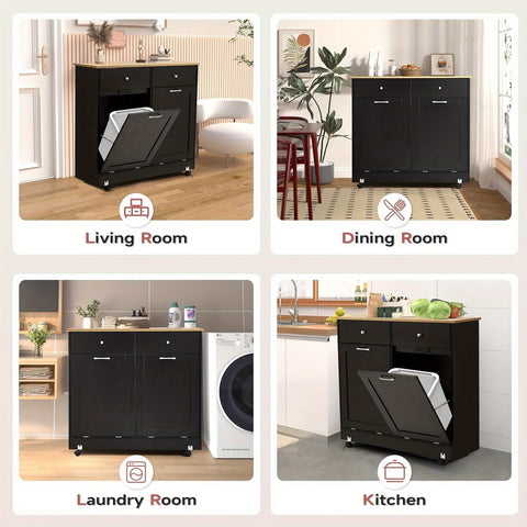 Heavy-Duty Hardwood Trash Can Cabinet with Locking Tilt-Out Bins & Casters - Kitchen\u002FBathroom\u002FOffice garbage storage Organizer with 2 Drawers, Fits 10Gal + 9Gal Bins, Space-Saving Modern Cabinet (Easy Assembly), Storage Bins, Sleek Wooden Design