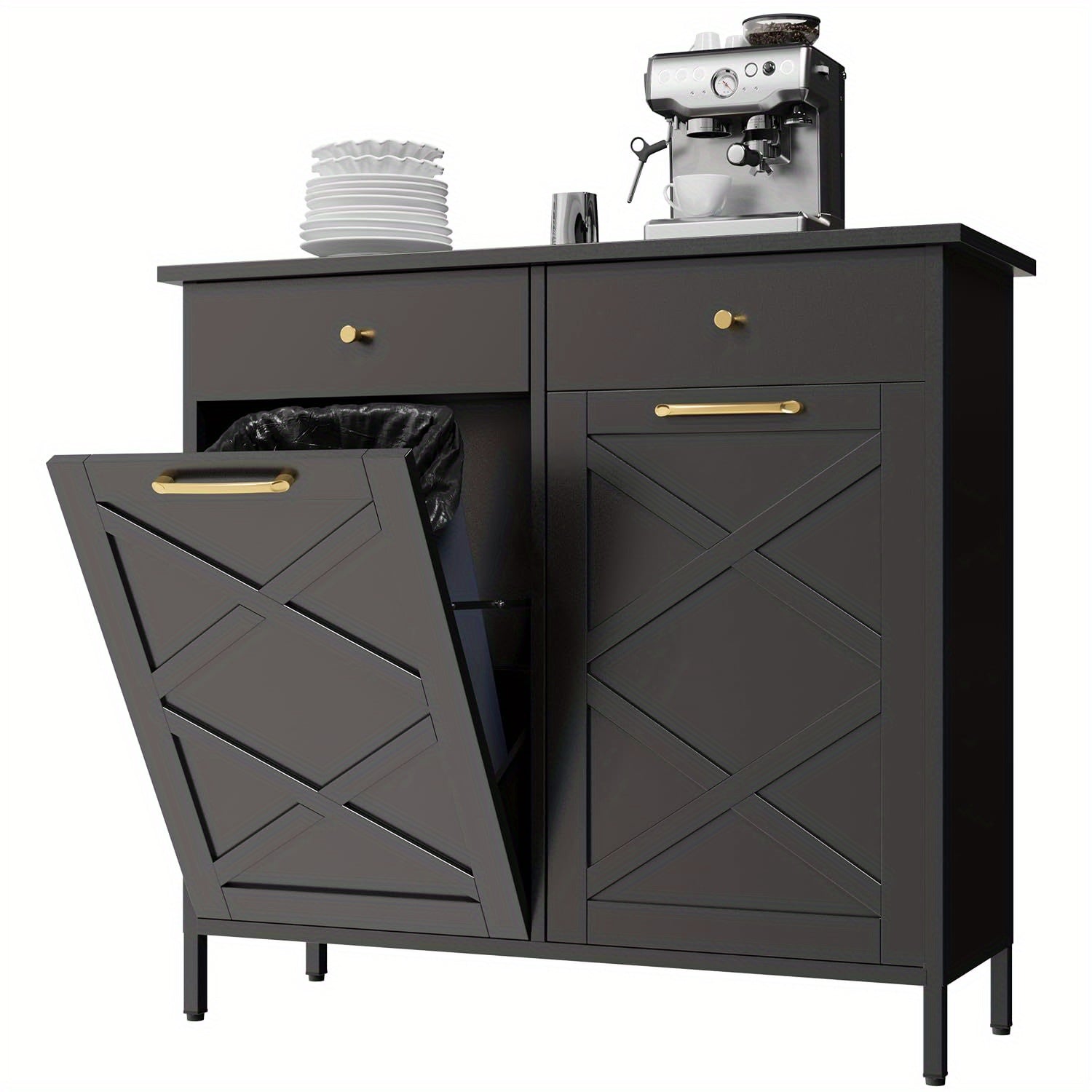 Double Tilt Out Trash Can Cabinet, Suitable For 20 Gallon Metal Dog Proof Trash, With 2 Drawers, Garbage Recycling Can Cabinet Laundry Sorter For Kitchen And Living Room
