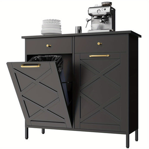 Double Tilt Out Trash Can Cabinet, Suitable For 20 Gallon Metal Dog Proof Trash, With 2 Drawers, Garbage Recycling Can Cabinet Laundry Sorter For Kitchen And Living Room