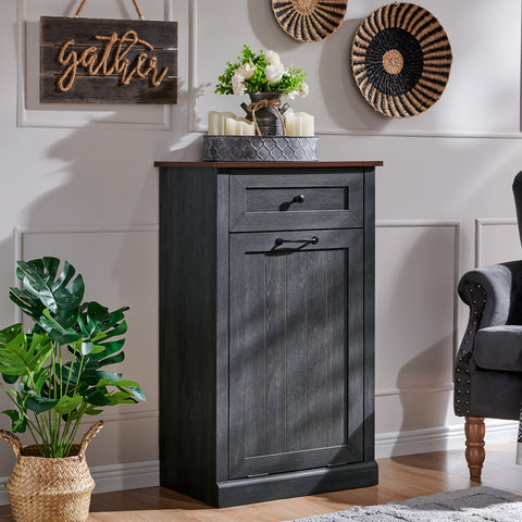 10 Gallon Recycled Wood Tilt-Out Trash Can Cabinet with Drawer - Quiet Close Hidden Laundry Hamper, Pull-Out Bin for Kitchen, Dining & Living Room Storage, Trash Can for Kitchen, Home Organization, Sleek Home Decor, Sturdy Build, Multifunctional Furniture