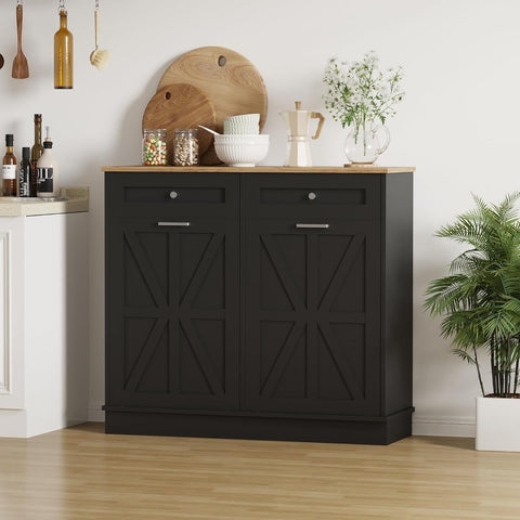 20 Gallon Heavy-Duty Trash Cabinet & Laundry Hamper - Farmhouse Cabinet with Tilt-Out Bin Doors, Space-Saving Storage for Kitchen, Bathroom, Laundry Room - Pet Proof Trash Can Organizer with Tabletop Drawer - Recycled Wood Construction, Kitchen Organizer,