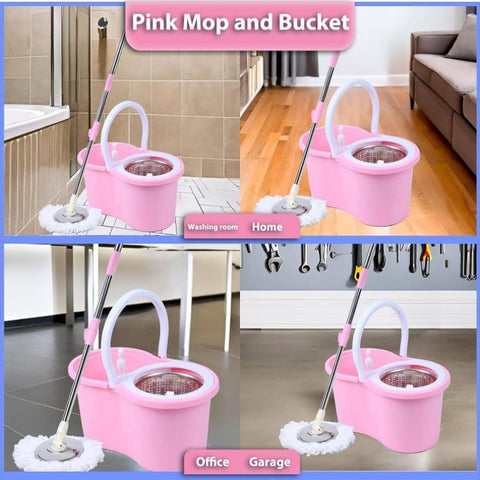 Pink Mop and Bucket Set with 360° Rotating Head & Spin Mopping System, Wet\u002FDry Use with Spray Nozzle, Ergonomic Handle & Collapsible Design - Heavy-Duty Acrylic Construction for Hardwood Tile Vinyl Floors, Space-Saving Storage, Ideal for Home & Comm