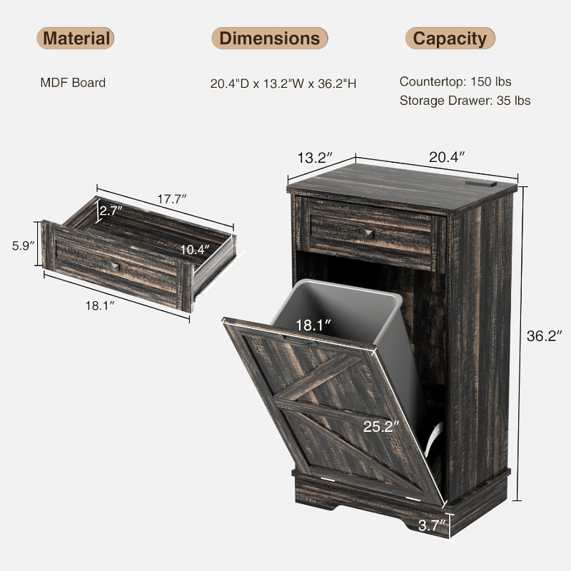 Black Farmhouse Tilt Out Trash Cabinet 10 Gallon Dog Proof Garbage