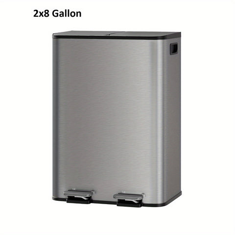 2x8 Gallon\u002F 2x10.6 Gallon Stainless Steel Double Trash Can with Lid for Kitchen, Large Dual Trash and Bin Combo, Step-on Kitchen Metal Stainless Steel Garbage Cans, PP Inner Buckets, Liner Rim, Silvery\u002F Gray\u002F Black