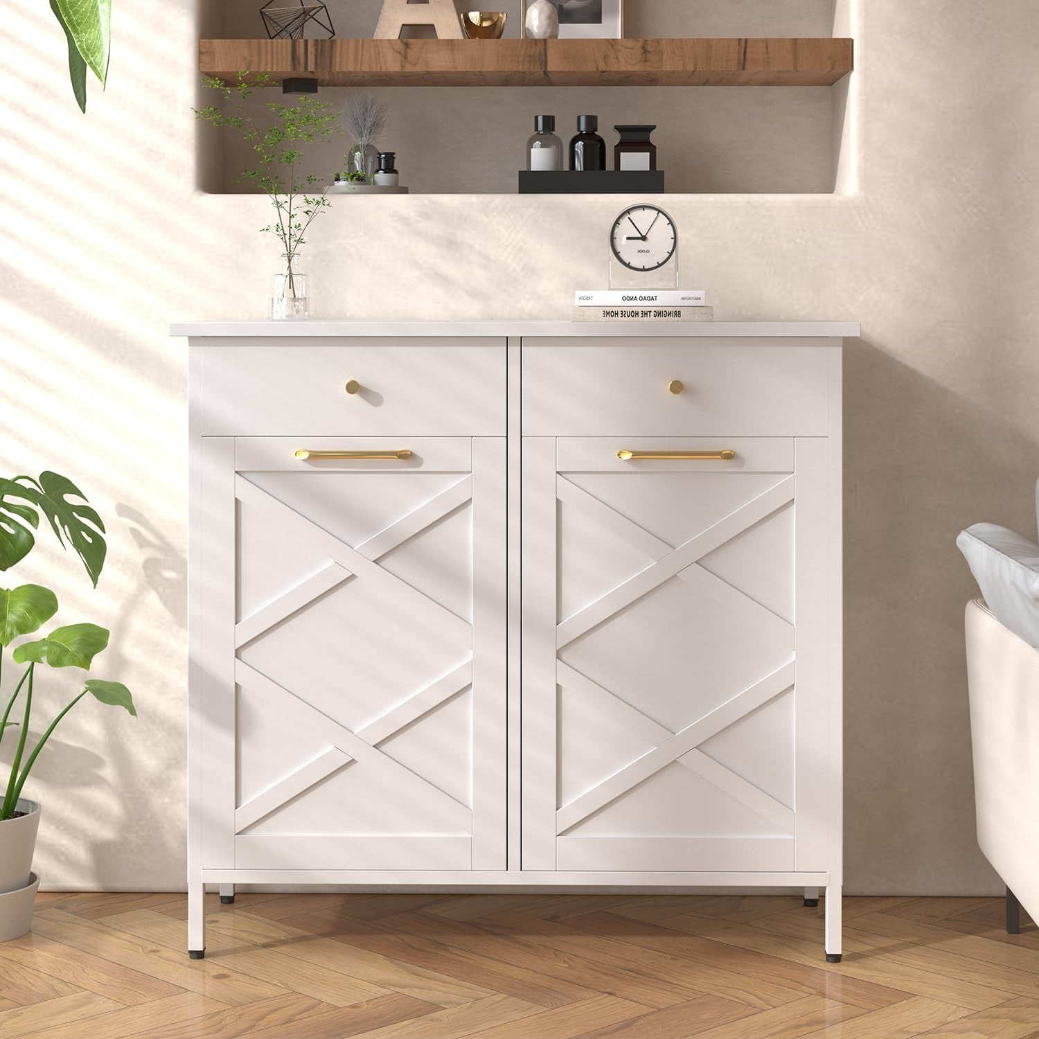Double Tilt Out Trash Can Cabinet, Suitable For 20 Gallon Metal Dog Proof Trash, With 2 Drawers, Garbage Recycling Can Cabinet Laundry Sorter For Kitchen And Living Room