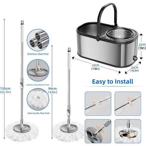 Spin Mop and Bucket with Wringer Set Home, 360 Mop and Bucket with Separate Clean and Dirty, Wet Dust Mop Floor Cleaning with Refills Silvery with 6 Pads