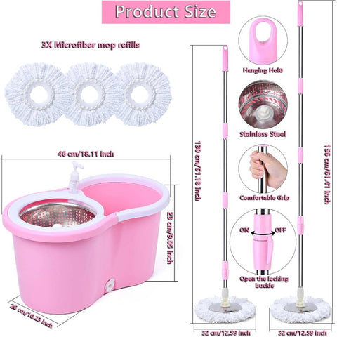 Pink Mop and Bucket Set with 360° Rotating Head & Spin Mopping System, Wet\u002FDry Use with Spray Nozzle, Ergonomic Handle & Collapsible Design - Heavy-Duty Acrylic Construction for Hardwood Tile Vinyl Floors, Space-Saving Storage, Ideal for Home & Comm