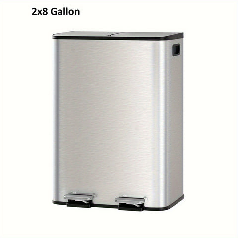 2x8 Gallon\u002F 2x10.6 Gallon Stainless Steel Double Trash Can with Lid for Kitchen, Large Dual Trash and Bin Combo, Step-on Kitchen Metal Stainless Steel Garbage Cans, PP Inner Buckets, Liner Rim, Silvery\u002F Gray\u002F Black