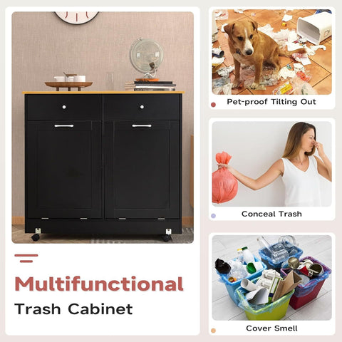 Heavy-Duty Hardwood Trash Can Cabinet with Locking Tilt-Out Bins & Casters - Kitchen\u002FBathroom\u002FOffice garbage storage Organizer with 2 Drawers, Fits 10Gal + 9Gal Bins, Space-Saving Modern Cabinet (Easy Assembly), Storage Bins, Sleek Wooden Design